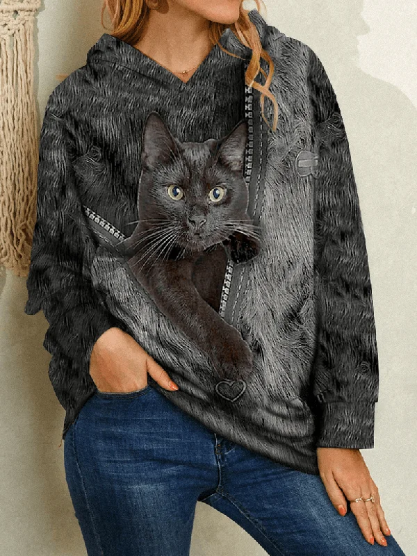 men's thick hoodie sweatshirt -Women Cartoon Black Cat Print Long Sleeve Casual Hoodies