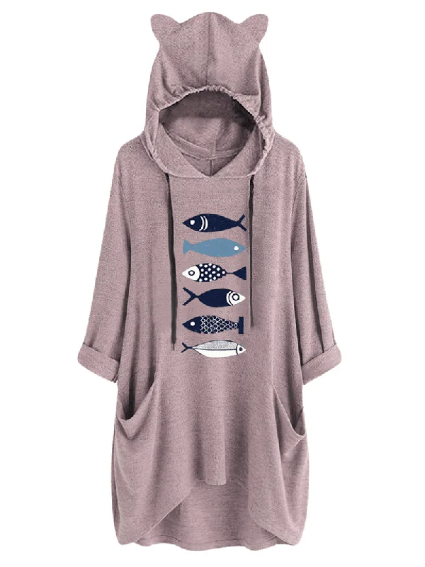 men's hoodie sweatshirt for road trips -Women Casual Fish Print Hooded Sweatshirt