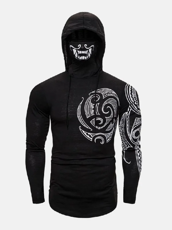 men's hoodie sweatshirt with graphic design -Mens Mysterious Totem Print High Neck Cover Face Design Hoodies