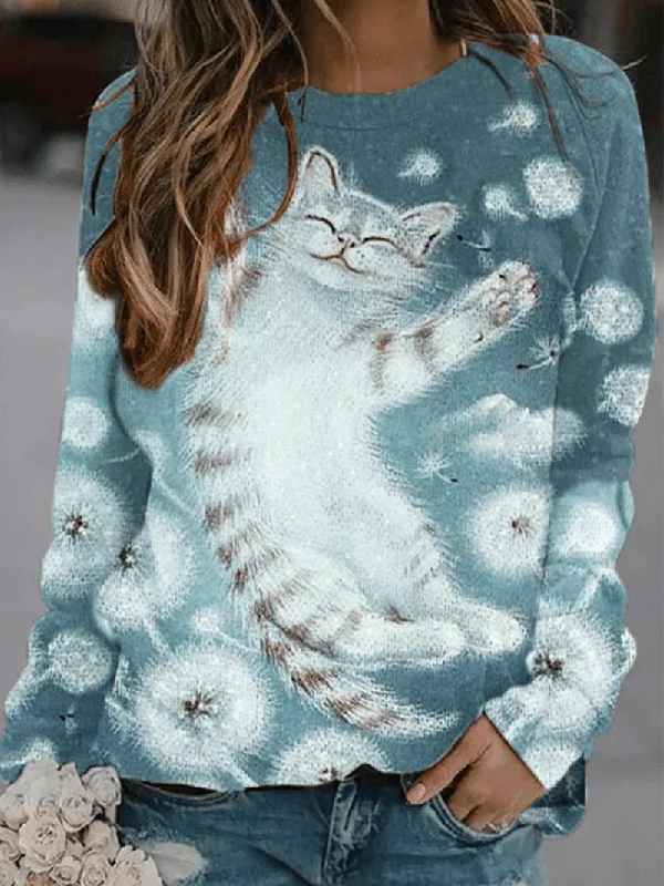 men's fleece-lined hoodie sweatshirt -Women Cartoon Cat Printed Pullover Cute Sweatshirts