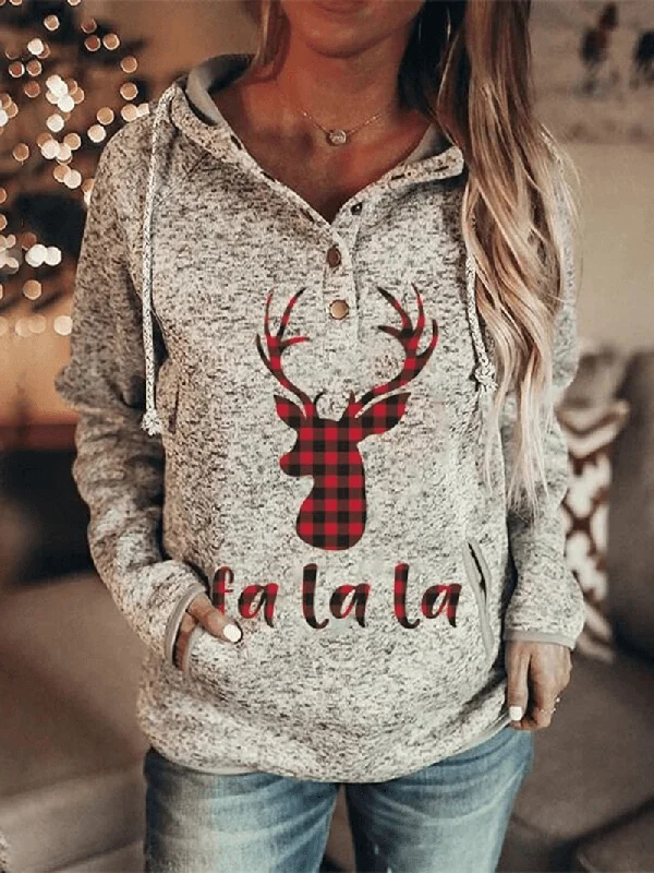 men's winter hoodie sweatshirt -Women Christmas Elk Letter Print Raglan Sleeve Kangaroo Pocket Button Collar Hoodies