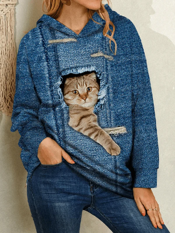 men's hoodie sweatshirt for outdoor -Women Cute Cartoon Cat Print Long Sleeve Casual Overhead Hoodies