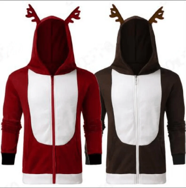 men's hoodie sweatshirt for fall -Christmas Antlers Hooded Color Block Sweatshirt