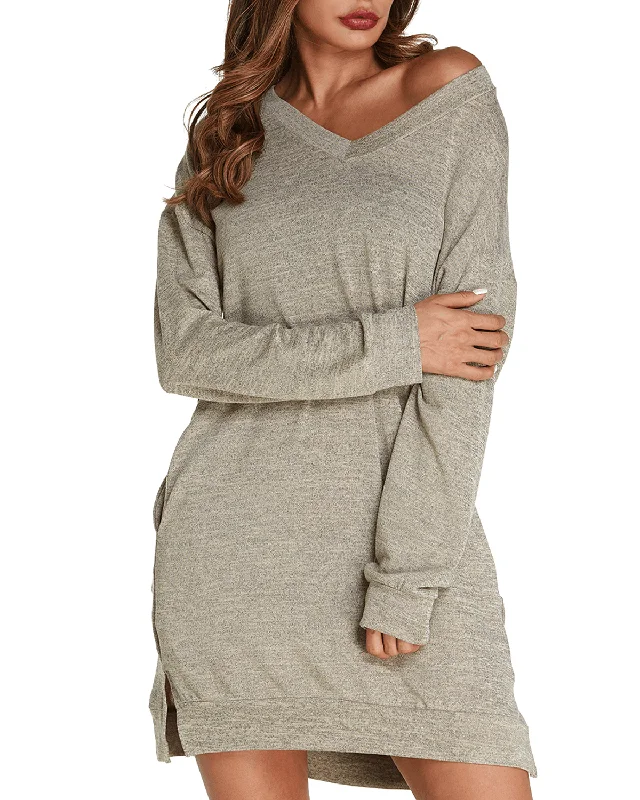 men's hoodie sweatshirt for daily use -Women Long Sleeve Side Split Loose Casual Pullover Sweatshirt Dress with Pockets