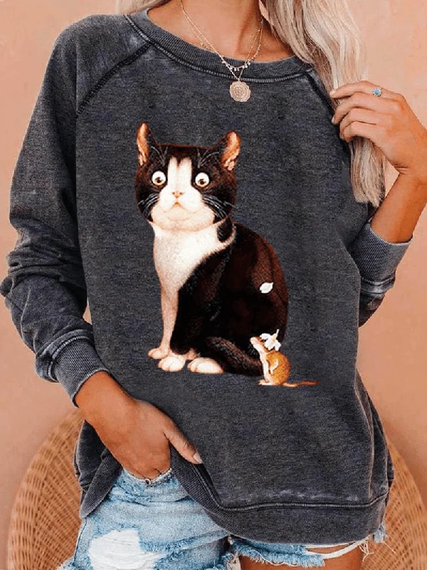 men's cozy pullover hoodie sweatshirt -Women Cute Cat Graphics round Neck Casual Raglan Sleeve Sweatshirts