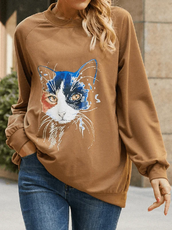 men's hoodie sweatshirt for jogging -Women Cat Print Solid Color round Neck Casual Loose Pullover Sweatshirt