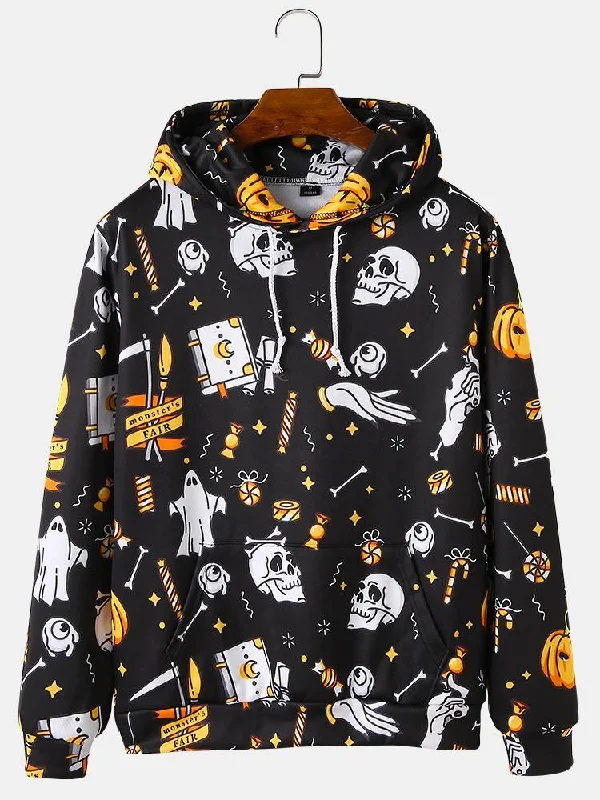 men's hoodie sweatshirt with colorful design -Mens Cartoon Halloween Element Print Drawstring Hoodies With Kangaroo Pocket