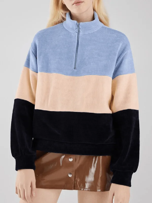 men's stylish hoodie sweatshirt -Casual Stand Collar Color Block Corduroy Sweatshirt