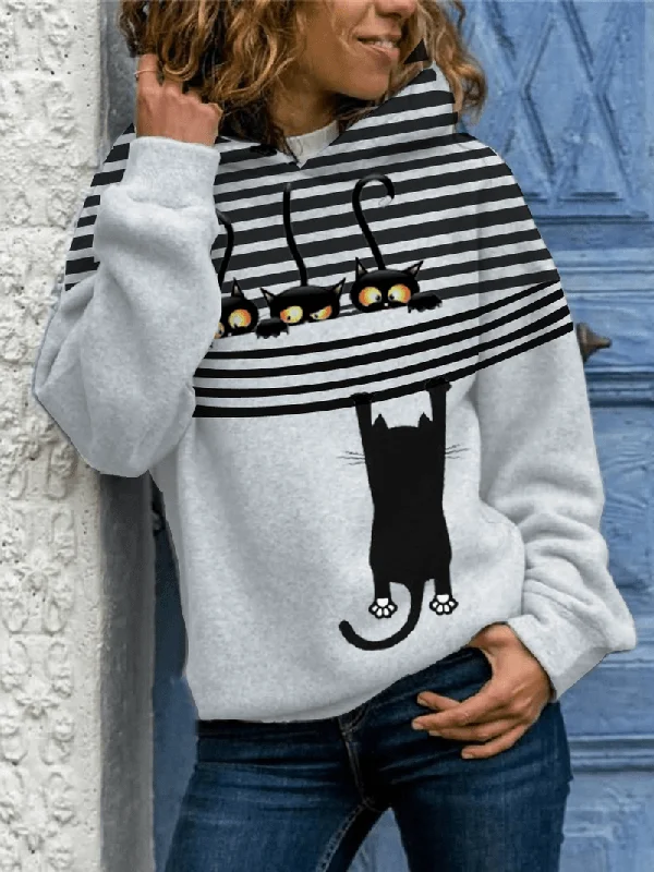 men's cozy pullover hoodie sweatshirt -Women Cartoon Cat Stripe Print Daily Casual Long Sleeve Hoodies