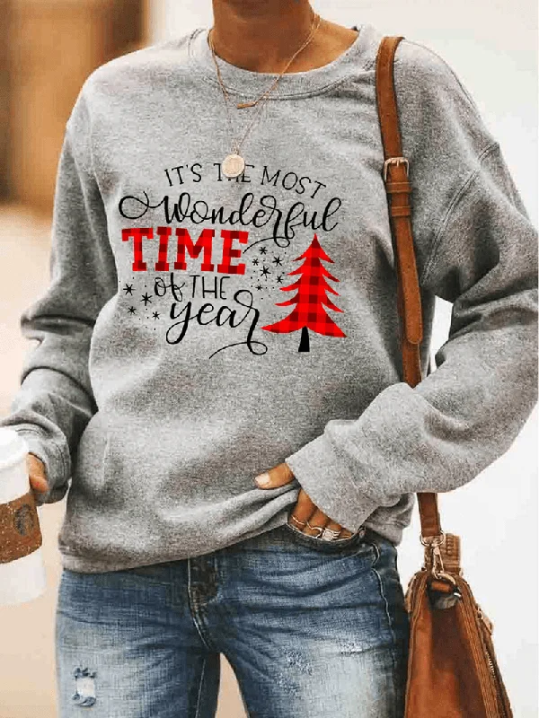 men's hoodie sweatshirt for casual outfits -Women Christmas Letter Print O-Neck Drop Shoulder Loose Pullover Sweatshirts