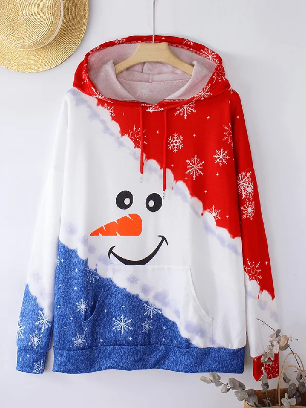 men's zip-up hoodie sweatshirt -Christmas Women Colorblock Cute Snowman Print Hoodies with Kangaroo Pocket