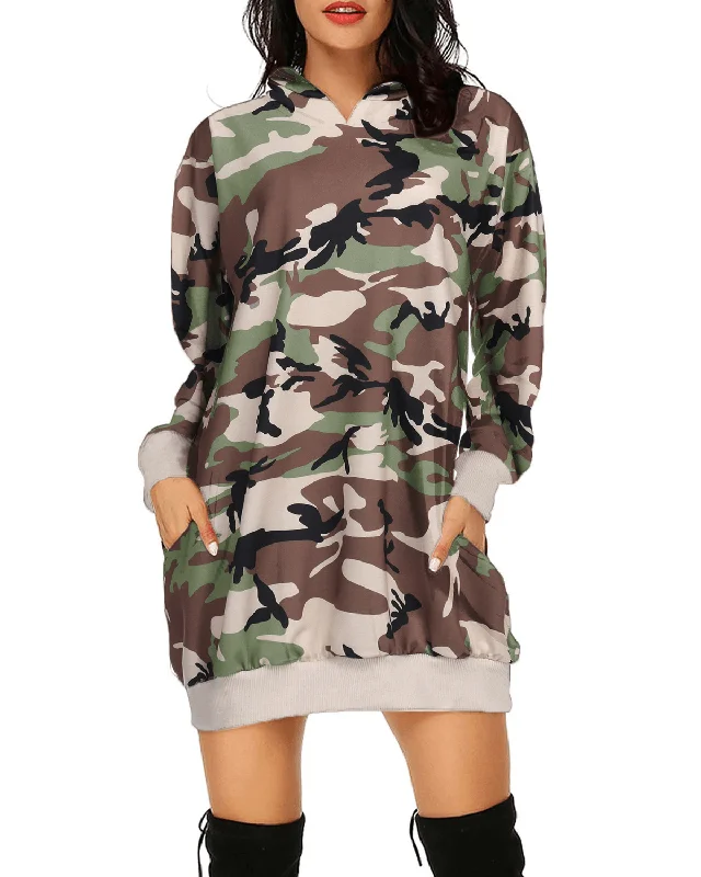 men's workout hoodie sweatshirt -Long Sleeve Hooded Loose Pocket Pullover Camouflage Print Hoodie Dress