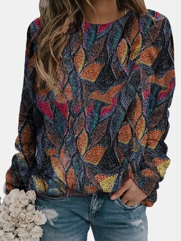 men's zip-up hoodie sweatshirt -Women Vintage Colorful Leaves Printed round Neck Long Sleeve Casual Sweatshirt