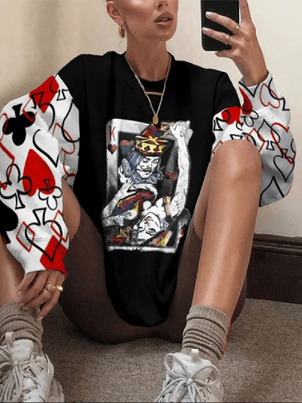 men's slim-fit hoodie sweatshirt -Women Playing Cards Pattern Drop Shoulder Long Sleeve Pullover Black Sweatshirts