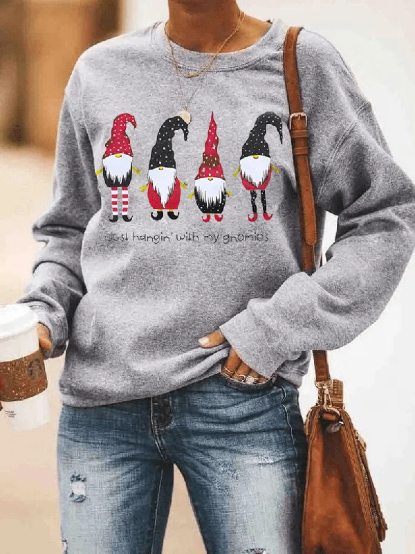 men's hoodie sweatshirt for travel -Women Cartoon Santa Claus Print Christmas Pullover Long Sleeve Sweatshirts