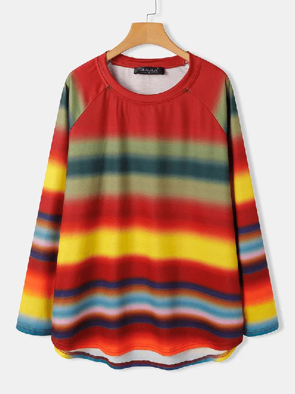 men's stylish hoodie sweatshirt -Women Multi Color Ombre Striped O-Neck Raglan Sleeve Casual Sweatshirts