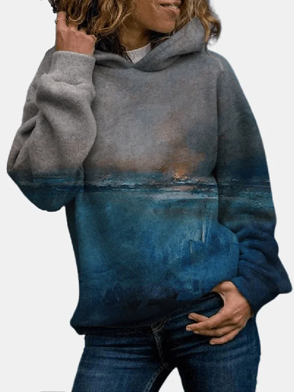 men's classic hoodie sweatshirt -Women Landscape Sunset Printed Regular Fit Long Sleeve Casual Hoodie