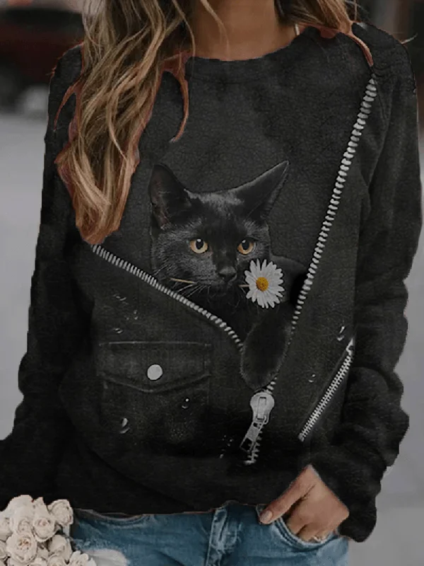 men's hoodie sweatshirt with zipper -Women Cute Black Cat Daisy Print O-Neck Casual Long Sleeve Sweatshirts