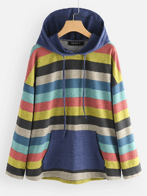 men's sports hoodie sweatshirt -Women Contrast Color Stripe Patchwork Hoodie