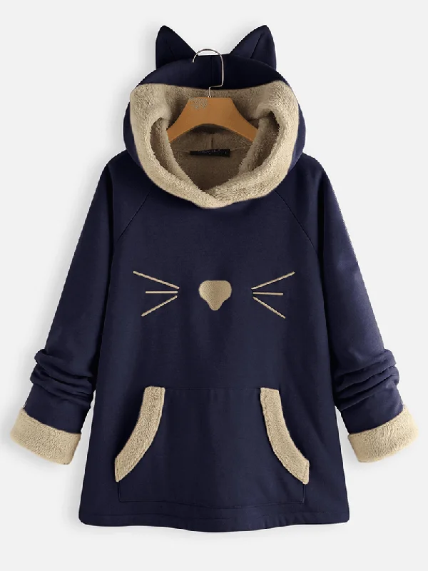 men's casual hoodie sweatshirt -Ears Hooded Fleece Patchwork Cartoon Print Sweatshirt