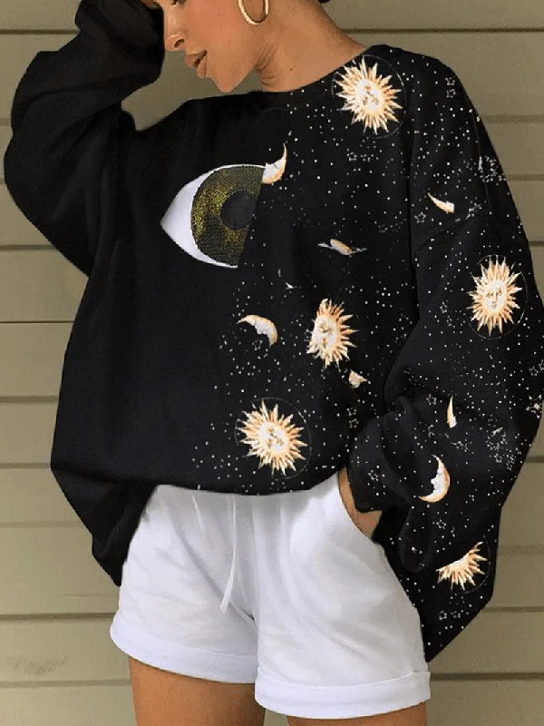 men's sportswear hoodie sweatshirt -Women Starry Sky & Eye Graphics Patchwork Black Pullover Loose Sweatshirts