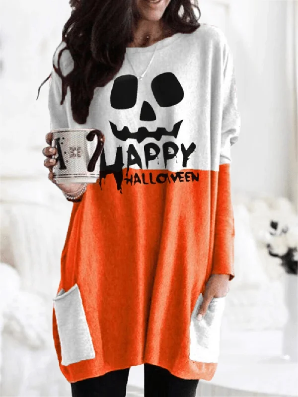 men's hoodie sweatshirt with front pocket -Women Halloween Patchwork Letter Printed Casual Mid-Length Sweatshirts with Pockets