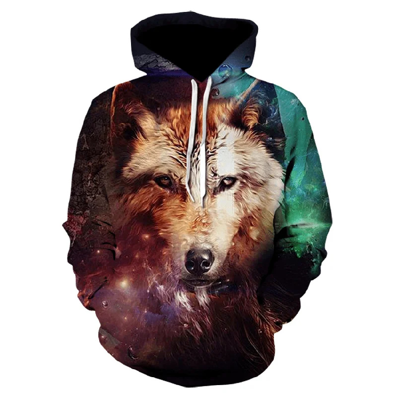 men's warm fleece hoodie sweatshirt -3D Colorful Wolf Print Hooded Pocket Sweatshirt