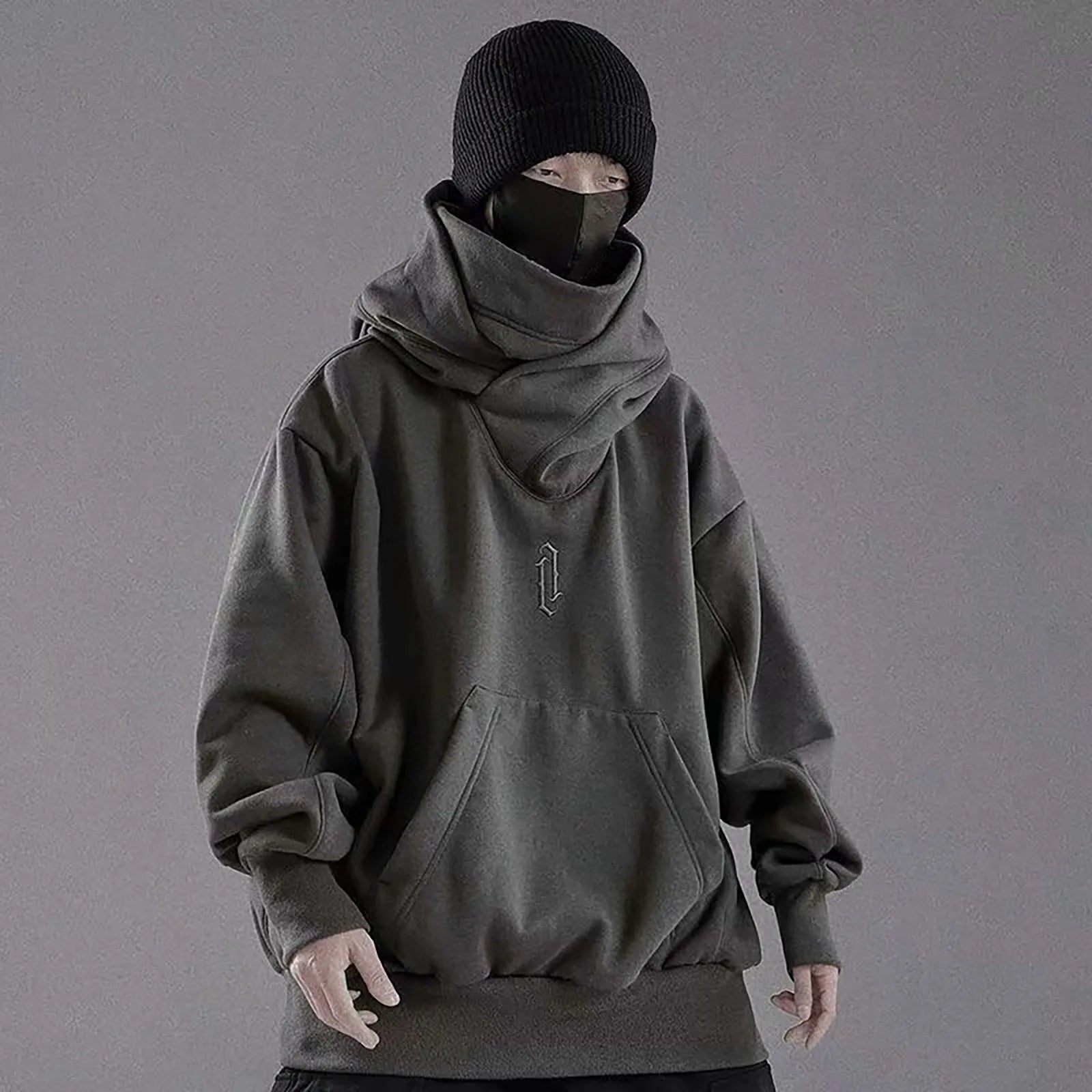 men's zippered hoodie sweatshirt for workout -Sweatshirt For Men Male Ninja Style Japanese Hoodie Autumn Winter Solid Turtleneck Long Sleeve Hoodie Pocket Punk Oversize Tops