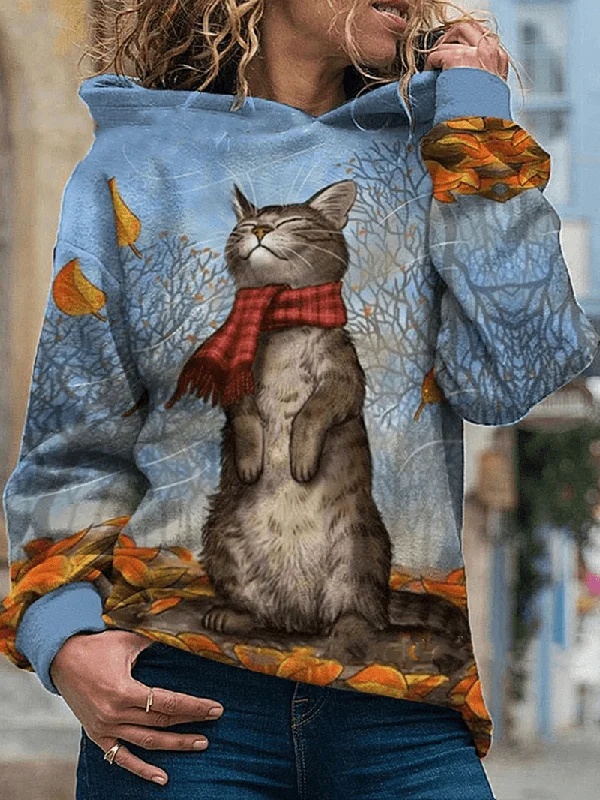 men's hoodie sweatshirt for camping -Women Cartoon Cat Painting Print Long Sleeve Pullover Hoodie