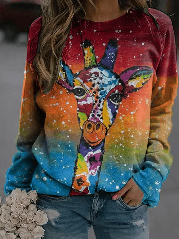 men's hoodie sweatshirt for morning runs -Women Colorful Giraffe Print Long Sleeve Sweatshirts