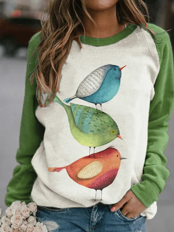 men's hoodie sweatshirt for cozy nights -Women Cartoon Bird Print O-Neck Raglan Sleeves Pullover Sweatshirts