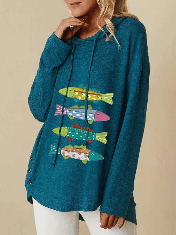 men's printed hoodie sweatshirt -Women Cartoon Fishes Print Side Button Drawstring Casual Loose Pullover Hoodie