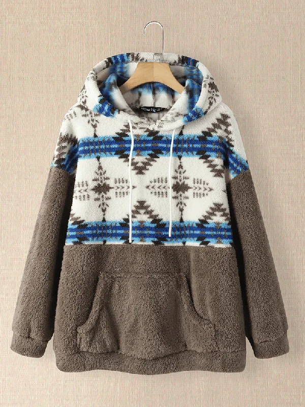 men's versatile hoodie sweatshirt -Women Tribal Pattern Patchwork Drawstring Casual Homewear Lamb Loose Hooded Sweatshirt