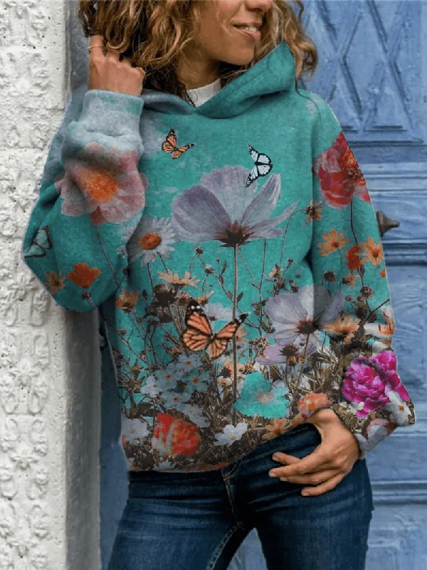 men's hoodie sweatshirt for music festivals -Women Butterfly Flower Print Long Sleeve Casual Pullover Hoodies