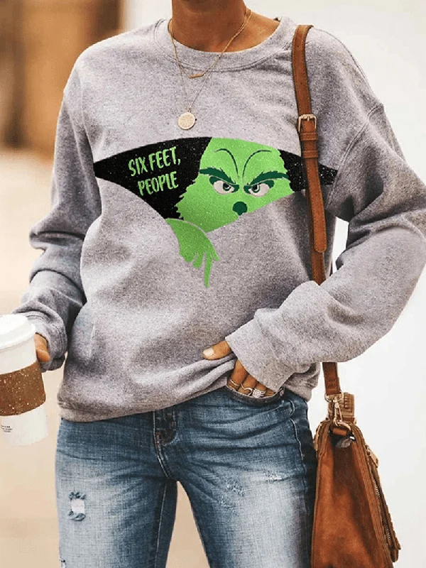 men's lightweight hoodie sweatshirt -Women Cartoon Print Casual Loose round Neck Pullover Sweatshirt