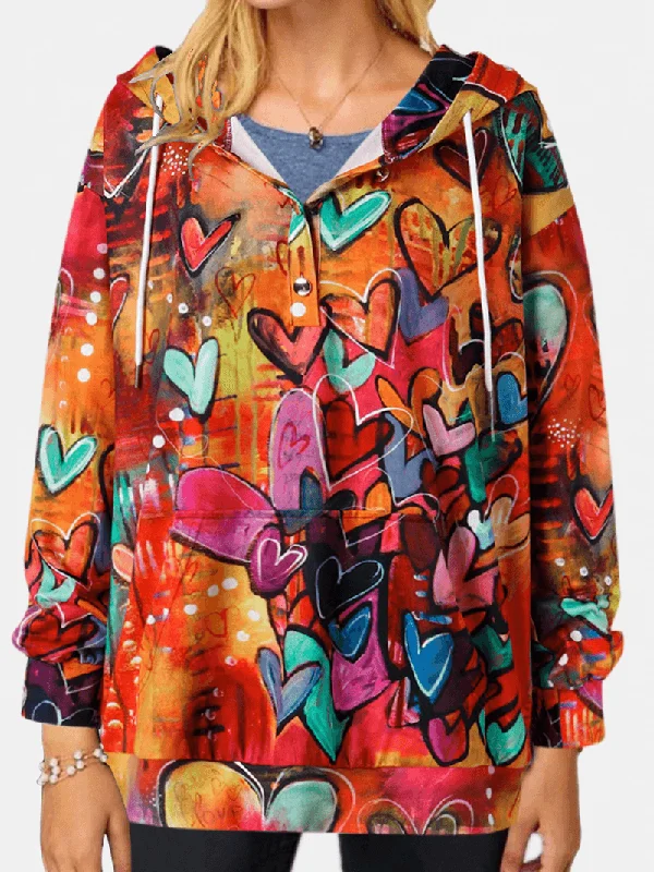 men's casual hoodie sweatshirt -Women Colorful Graffiti Heart Print Long Sleeve Drawstring Hoodie with Kangaroo Pocket