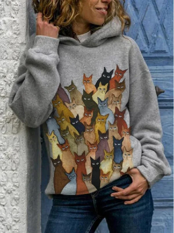 men's hoodie sweatshirt for workout sessions -Cartoon Cats Print Long Sleeve Casual Hoodie For Women