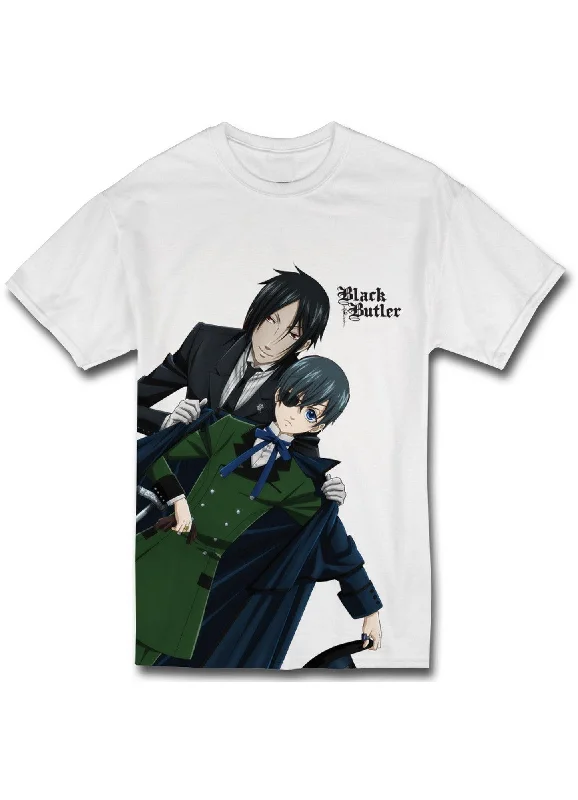 men's oversized cotton t-shirts -Black Butler - Sebastian Michaelis Put Coat On Ciel Phantomhive's Shoulder Men's T-Shirt