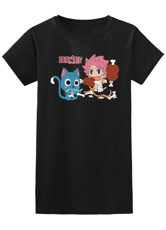 men's lightweight performance t-shirts -Fairy Tail - SD Happy And Natsu Dragneel Eating Jr Screen Print T-Shirt