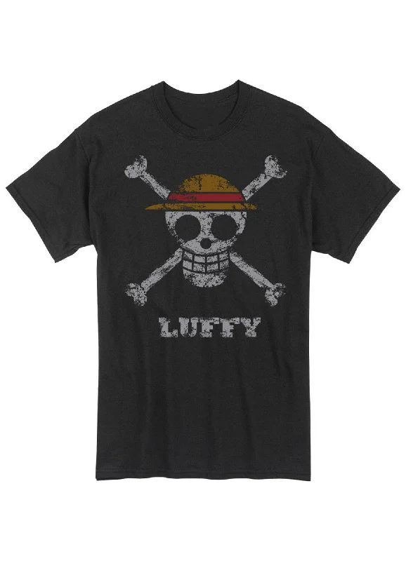 men's simple t-shirts -One Piece - Monkey D. Luffy Pirate Flag Distressed Men's Screen Print T-Shirt