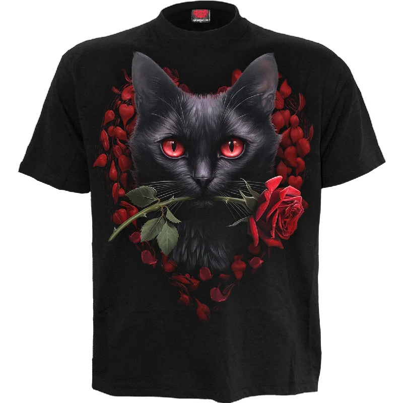 men's basic round-neck t-shirts -CAT'S LOVE - Front Print T-Shirt Black