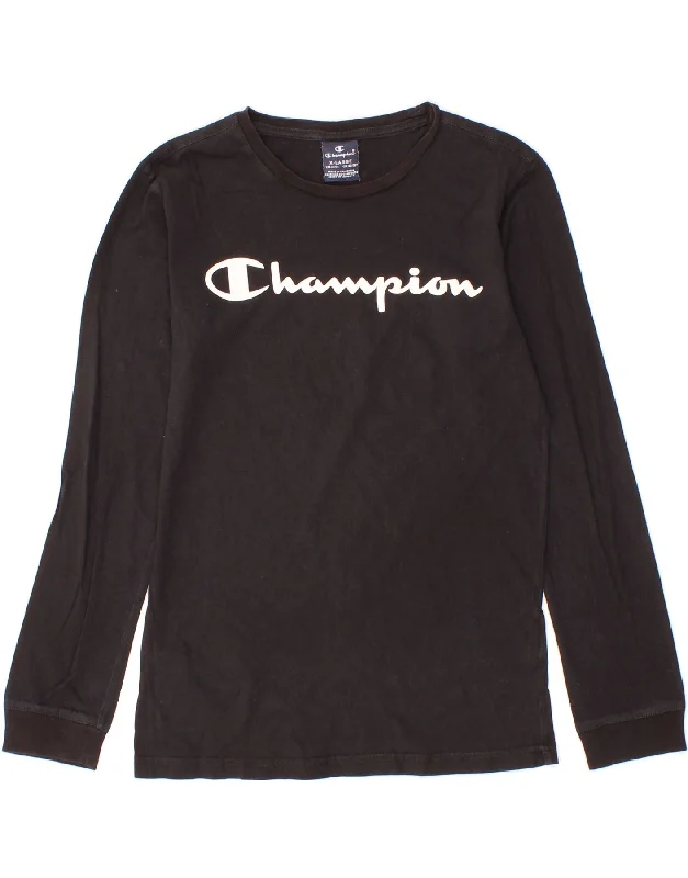 men's multi-color t-shirts -CHAMPION Boys Graphic Top Long Sleeve 13-14 Years XL Black Cotton