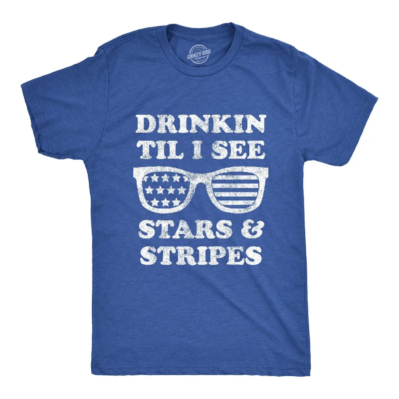 men's casual crew neck t-shirts -Drinkin Til I See Stars And Stripes Men's T Shirt