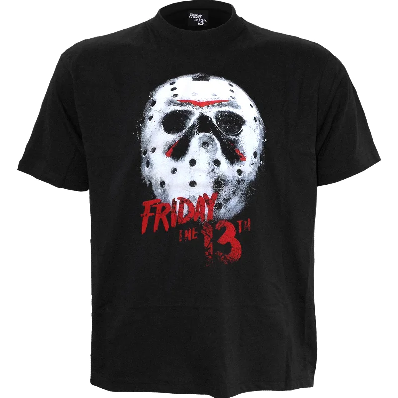 men's printed t-shirts -FRIDAY THE 13TH - WHITE MASK - Front Print T-Shirt Black