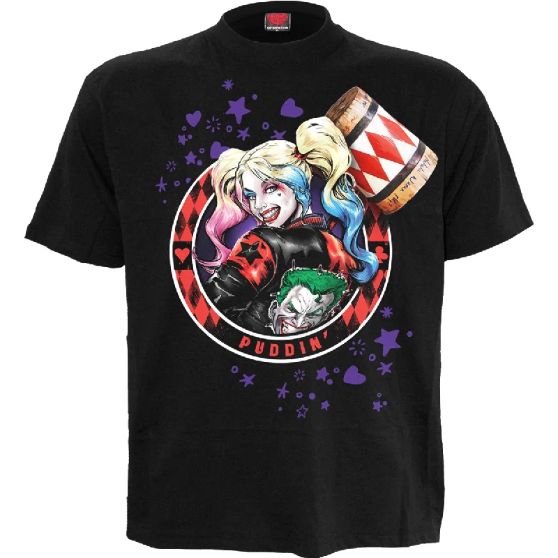 men's high-end t-shirts -HARLEY QUINN - PUDDIN' - Front Print T-Shirt Black