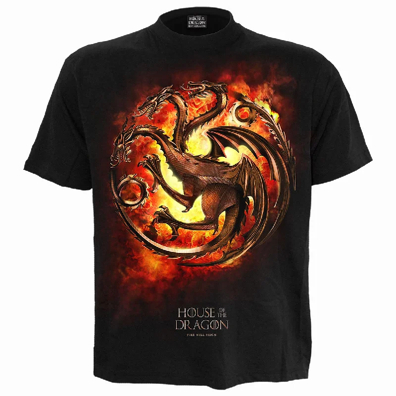 men's long-line t-shirts -HOD - DRAGON FLAMES - Front Print T-Shirt Black