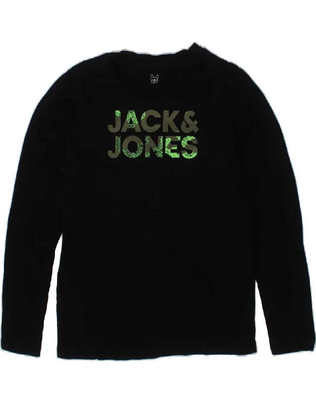 men's statement t-shirts -JACK & JONES Boys Graphic Top Long Sleeve 9-10 Years Black Cotton