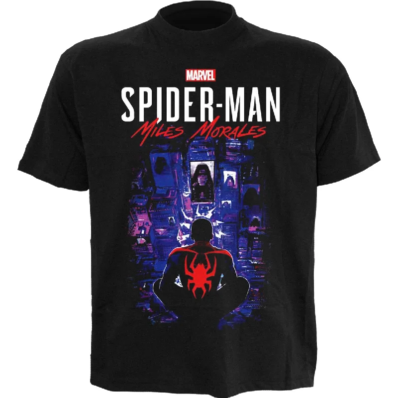 men's oversized graphic t-shirts -MARVEL SPIDER-MAN MILES MORALES VIDEOGAME - CITY OVERWATCH - Front Print T-Shirt Black