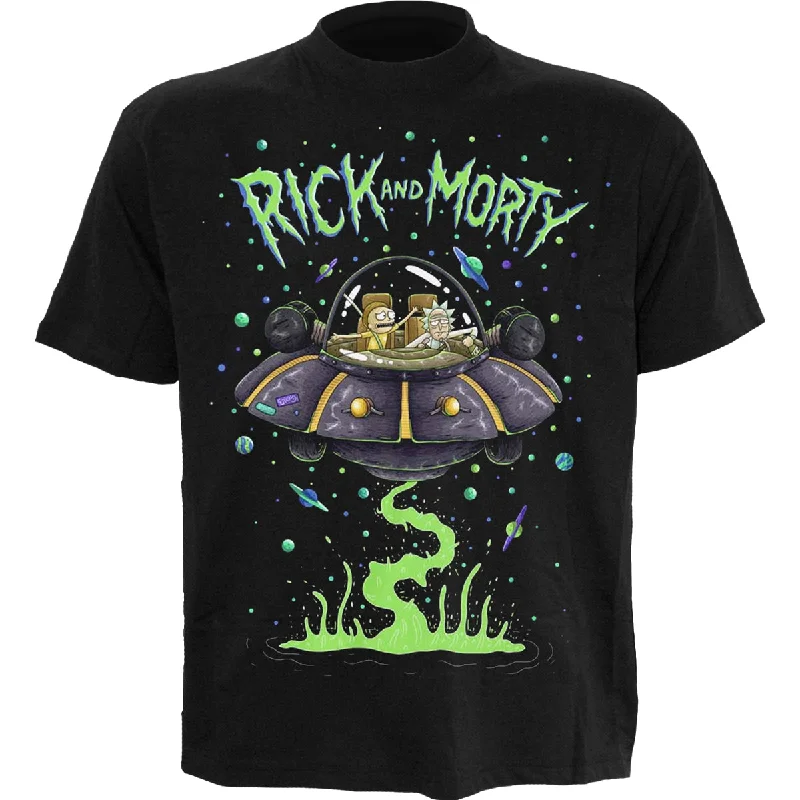 men's t-shirts with bold designs -RICK AND MORTY - SPACE CRUISER   - Front Print T-Shirt Black