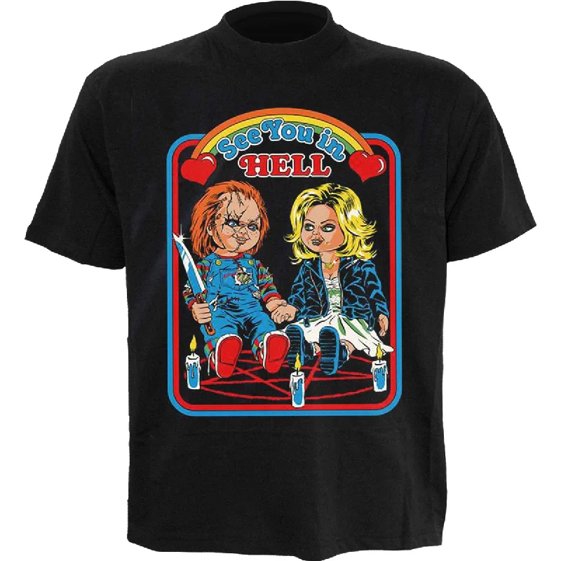 men's classic white t-shirts -STEVEN RHODES - CHUCKY SEE YOU IN HELL - Front Print T-Shirt Black